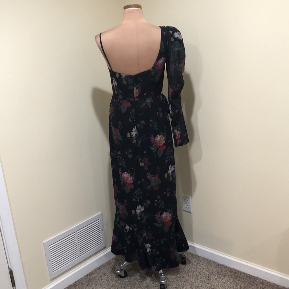 AMUR Pasqualena Midi Dress Size 10 Black Floral Ruffle Puff Sleeve One Shoulder - Picture 5 of 12